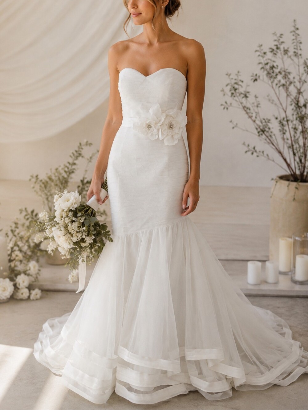 Jasmin White Tulle Belted Fit n' Flare Strapless Sweetheart Wedding Dress sz 12